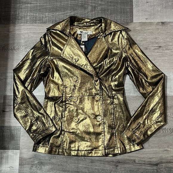 NWT Wet Seal Statement Gold Metallic Trench Style Jacket Blazer Double Breast XS - Picture 2 of 11